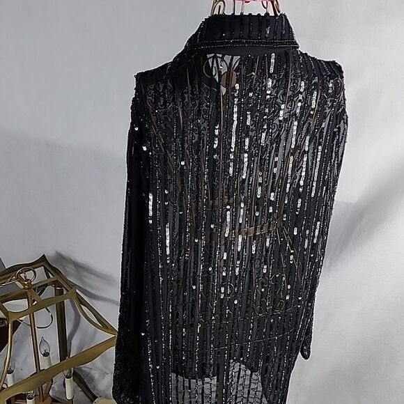 Long Black Beaded & Sequined Sheer Sparkly Holiday Snap Button Jacket Size1X - Picture 9 of 16